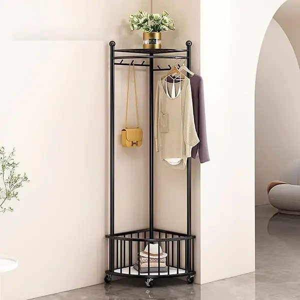 Cuier de colt multifunctional cu roti,metalic, auriu, 40 x 40 x 160 cm