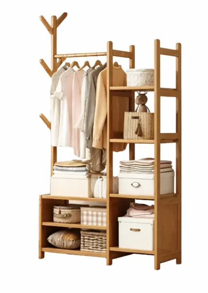 Cuier din bambus cu bara pentru haine si polite de depozitare design modern 140x100x37cm