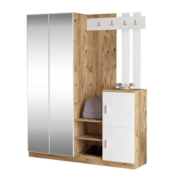 Cuier Doorse cu oglinda, Alb - Gri inchis, 148x35x180 cm