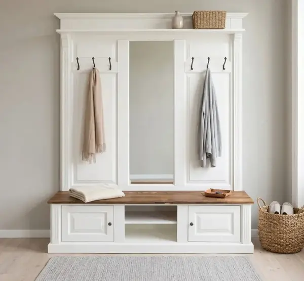 Cuier mare cu oglinda, 2 usi, spatiu deschis cu finisaj Signal White / Chestnut Brown