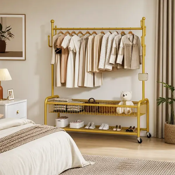 Cuier Metalic Auriu cu Bara Haine si Cos Depozitare 170cm - Design Modern