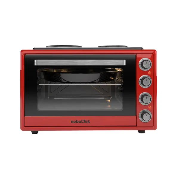Cuptor electric NobeLTek, 60L, 2000W, plite electrice 1500w + 1000w, grill, timer, termostat, sticla dubla, ventilator, iluminare, Rosu
