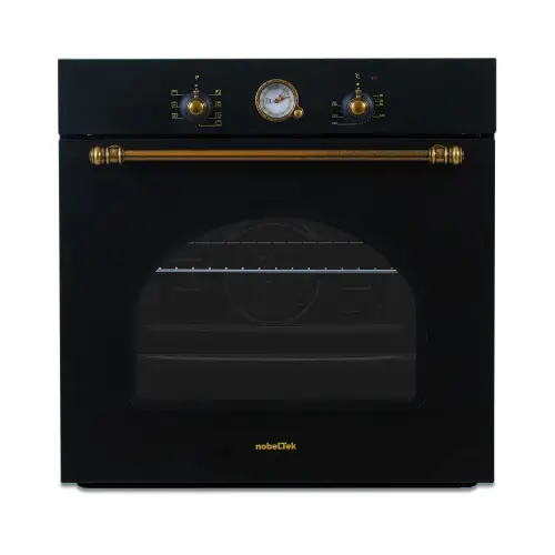 Cuptor incorporabil electric NobelTek NBIO-9750RANT, 8 functii, 2 butoane, timer mecanic, 60L, sticla dubla, design rustic, Clasa A (Antracit)