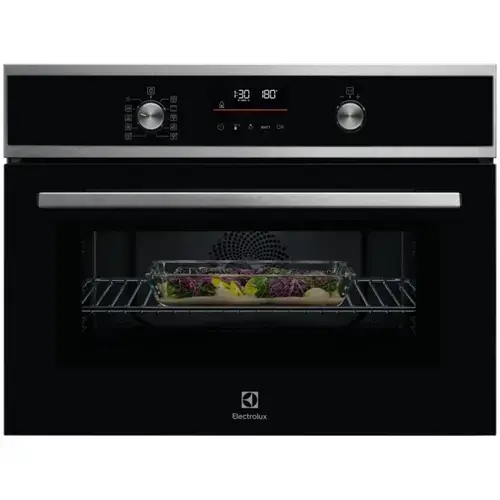Cuptor incorporabil Electrolux EVL6E49X, Electric, 44 l, Functie microunde, Putere microunde 1000 W, Butoane retractabile, Panel frontal cu insertie de sticla, Afisaj digital, Usa cu 3 straturi de geam, Grill, 1 tava emailata + 1 gratar (Negru/Inox)