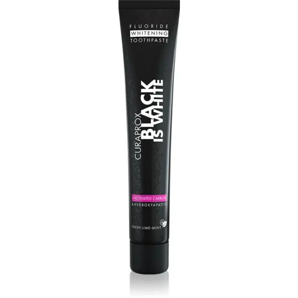 Curaprox Black is White pastă de dinți pentru albire cu cărbune activ și hidroxiapatită aroma Fresh Lime-Mint 90 ml
