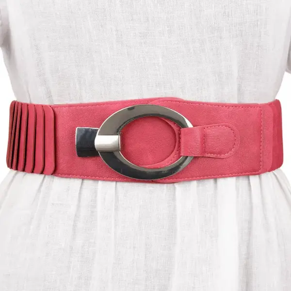 Curea elastica cu solzi din piele ecologica fucsia de 6 cm latime cu catarama ovala argintie
