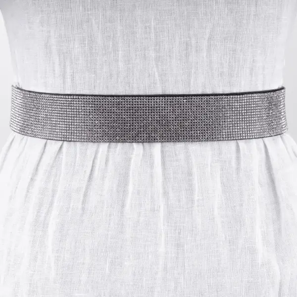 Curea flexibila argintie 4 cm cu material elastic negru la spate si strasuri argintii pe fata