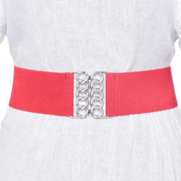 Curea rosie de 6 cm, din material elastic cu catarama argintie in forma de opturi