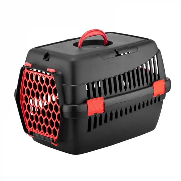 Cusca de transport 4Dog Deluxe neagra cu usa rosie 49 x 35 x 32,5 cm