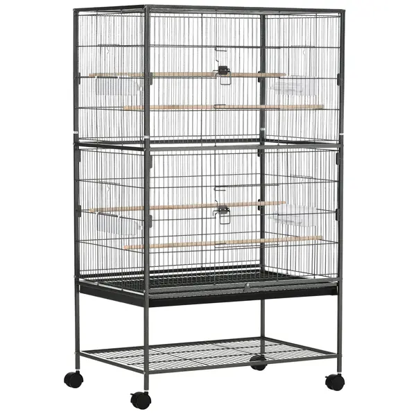 Cusca papagali de Interior din Otel si Lemn cu Tavă Detasabila, 4 Roți, Recipient pentru Alimente 78x52x132cm, Gri Inchis PawHut | Aosom Romania