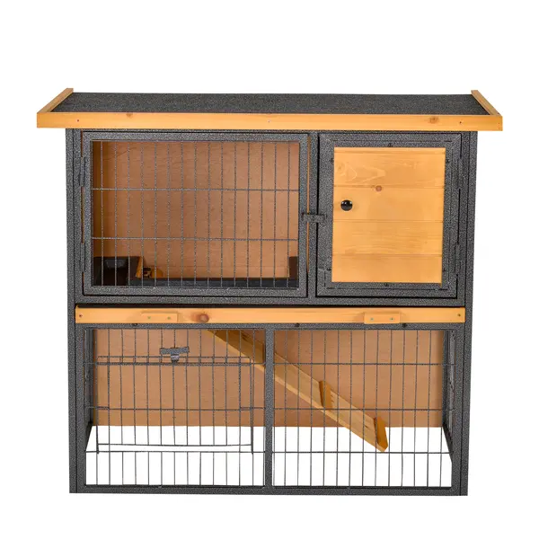 Cusca pentru Iepuri PawHut, Rampa si Spatiu Deschis, Lemn si Metal, Galben Deschis, 89.5x45x81cm | Aosom Romania