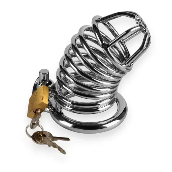 Cușcă pentru penis LOVETOY Emperor Metal, pentru castitate bărbați, cu inel pentru penis, din oțel inoxidabil, culoare argintiu, diamentru 4.4 cm