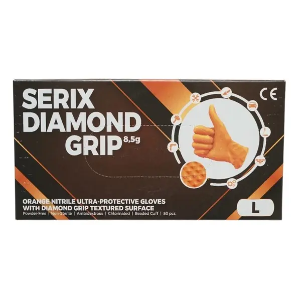 Cutie 50x Manusi Nitril, Serix, Grip, Rezistente la Perforare si Chimicale, Nepudrate, Diamantat Texturate, Portocalii, Marimea L