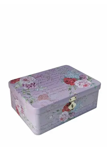 Cutie Decorativa Metalica cu lacat, Patrata, Model Flowers, 21x15.4x7.8cm, mov