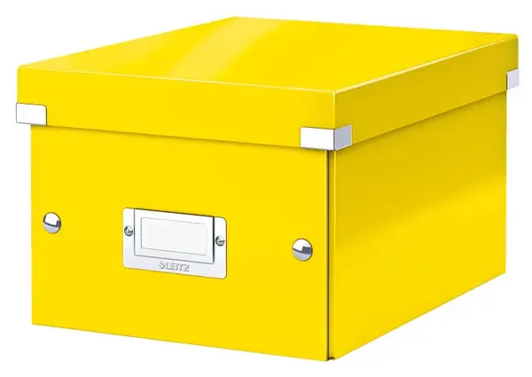 Cutie depozitare Leitz WOW Click & Store, carton laminat, partial reciclat, pliabila, cu capac, 22x16x28 cm, galben Cutie depozitare Leitz WOW Click & Store, carton laminat, partial reciclat, pliabila, cu capac, 22x16x28 cm, galben