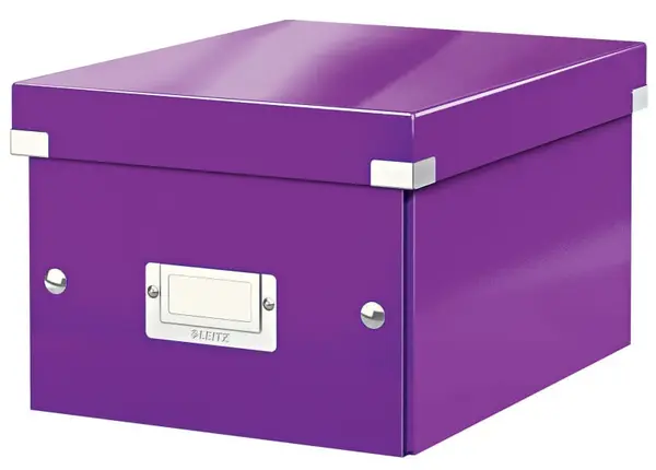 Cutie depozitare Leitz WOW Click & Store, carton laminat, partial reciclat, pliabila, cu capac, 22x16x28 cm, mov Cutie depozitare Leitz WOW Click & Store, carton laminat, partial reciclat, pliabila, cu capac, 22x16x28 cm, mov