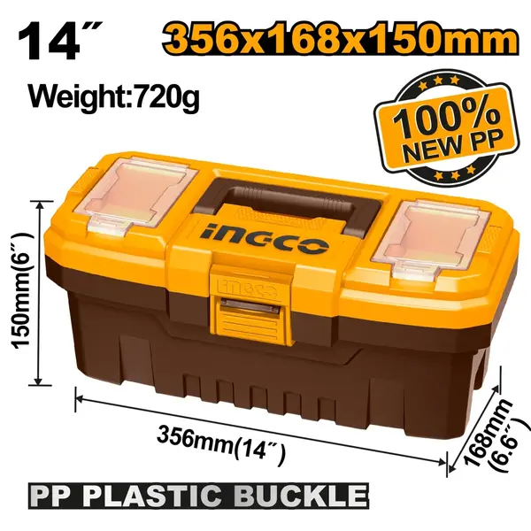 Cutie Depozitare Scule 14" 356x168x150mm Plastic PP INGCO PBX1401, capacitate 10kg, tava interioara, compartimente superioare, maner rezistent