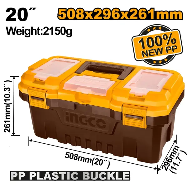 Cutie Depozitare Scule 20" 508x296x261mm Plastic PP INGCO PBX2001, capacitate 20kg, tava interioara, compartimente superioare, maner rezistent