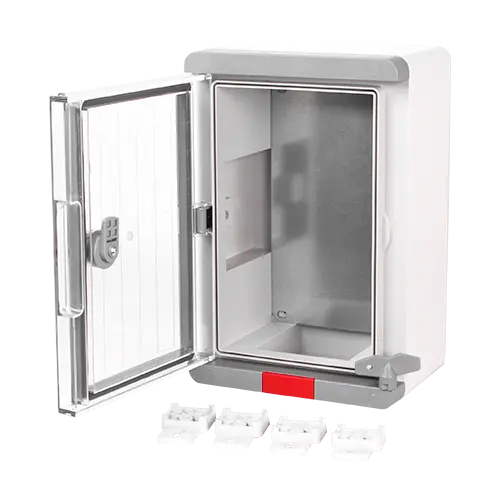 Cutie distributie IP67 din ABS gri, usa transparenta, placa metalica, 200x300x130 mm PS203013