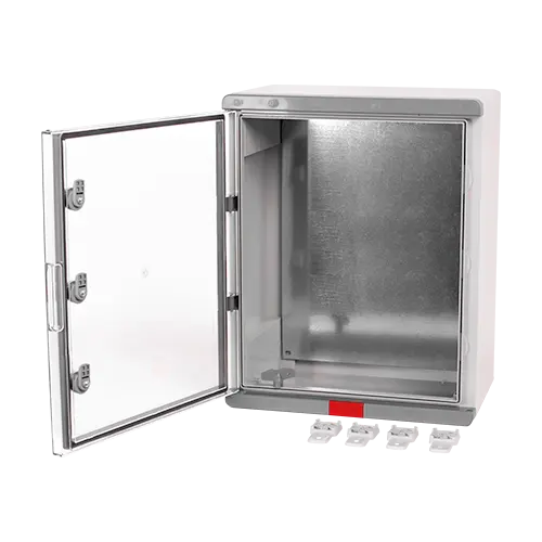 Cutie distributie IP67 din ABS gri, usa transparenta, placa metalica, 400x500x240 mm PS405024
