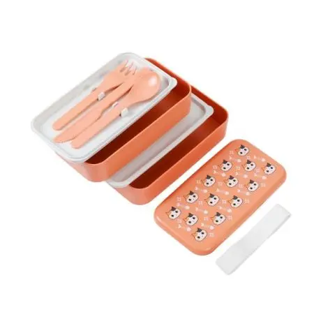 Cutie dubla pentru alimente, cu set de tacamuri, cu design cu pisicute, Orange Cat