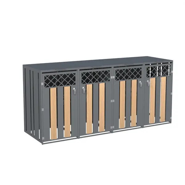 Cutie pentru pubele cu capac rabatabil asistat hidraulic, 4 compartimente separate, pentru exterior, 264x80x118,5 cm, Gri+Culoare naturală