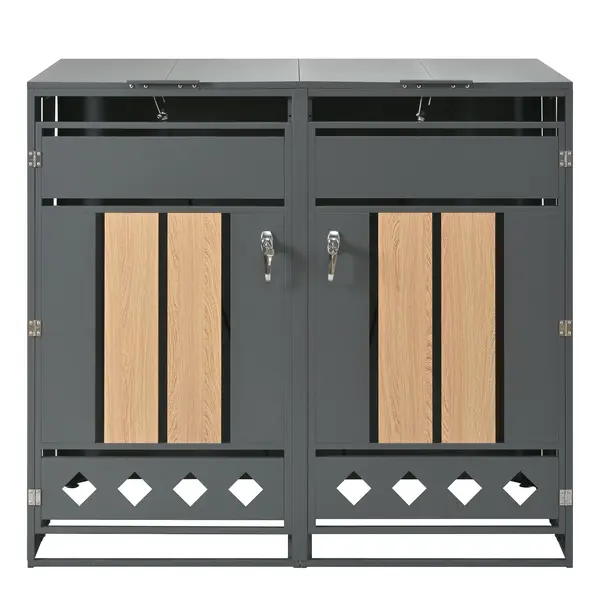 Cutie pentru pubele cu capac rabatabil hidraulic, uși cu încuietoare și două compartimente, 132x80x118,5 cm, Gri+Culoare naturală