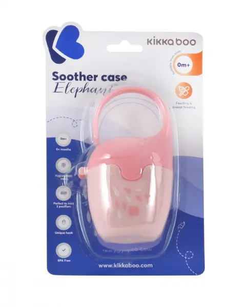 Cutie pentru suzete KikkaBoo Elephant Pink cu sistem de agatare caruciorscaun autopatut,fara bpa,capacitate 2 suzete