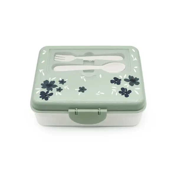 CUTIE PRANZ BENTO 2 NIVELE CU TACAMURI MELII FLORI ALBASTRE