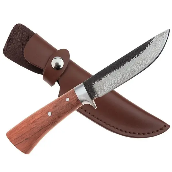 Cutit de vanatoare DEPOX , Adventure Accuracy, otel damasc, 25 cm, maner lemn, maro, husa piele