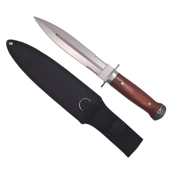Cutit de vanatoare DEPOX , Spanish Inquisition, tais dublu, otel inoxidabil, maro, 32.5 cm, teaca inclusa