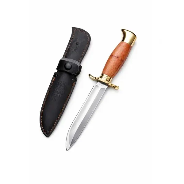 Cutit de vanatoare, teaca din piele naturala, lama 440C, maner lemn, 26 cm, maro