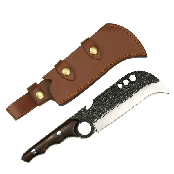 Cutit japonez lucrat manual DEPOX , Claw Blade, 27 cm, maro, teaca piele