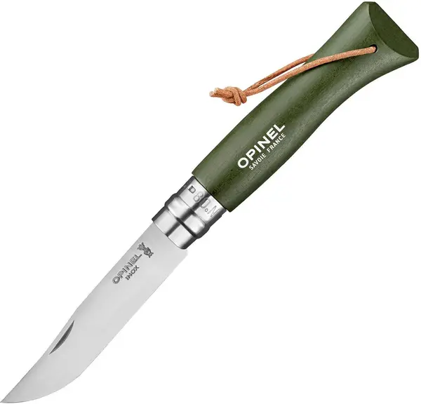 Cuțit pliabil Opinel Inox - №8, cu curea din piele, kaki