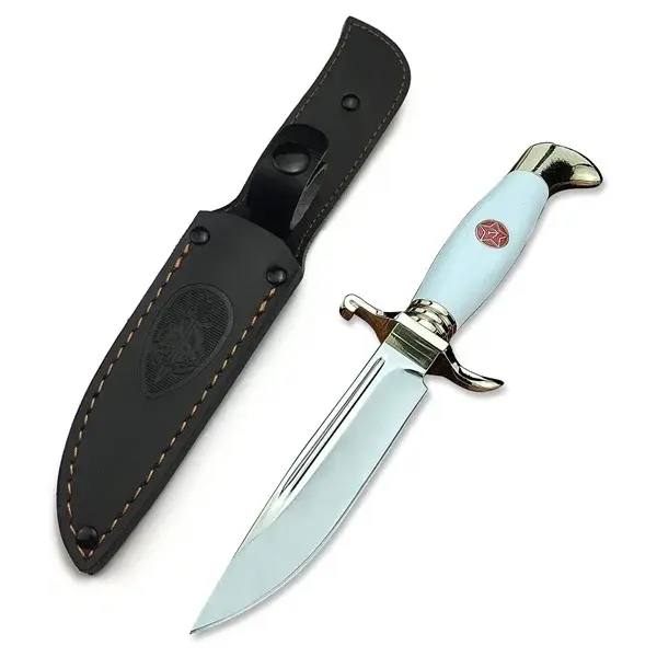 Cutit tactic de vanatoare, teaca din piele naturala, lama 440C, maner acrilic full tang, 26 cm, alb