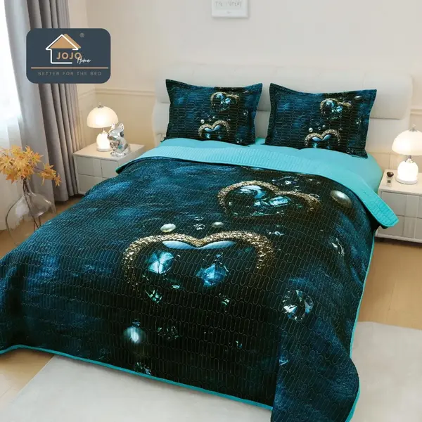 Cuvertura Matlasata, Bumbac Finet, cu Imprimeu 5D, 220x240cm + 2 fete de perna 50x70cm, Turquoise Marin, Heart of Ocean