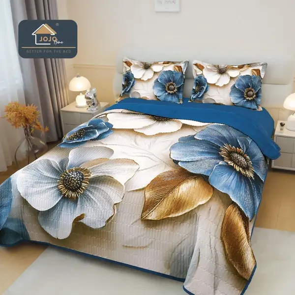 Cuvertura Matlasata, Bumbac Finet, cu Imprimeu 5D, 220x240cm + 2 fete de perna 50x70cm, Crem, Albastru, Flori