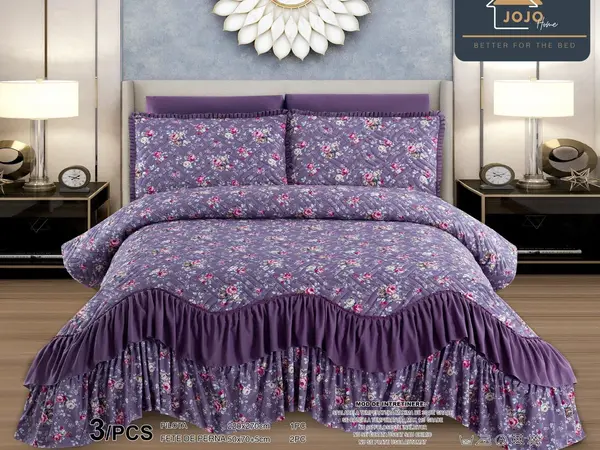 Cuvertura pat dublu, 3 piese, Bumbac Finet, 220x270cm, cu volanase, Jojo Home, Mov, flori