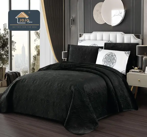 Cuvertura pat dublu, 5 piese, Finet Premium Matlasat, 220x240cm, Jojo Home, Negru