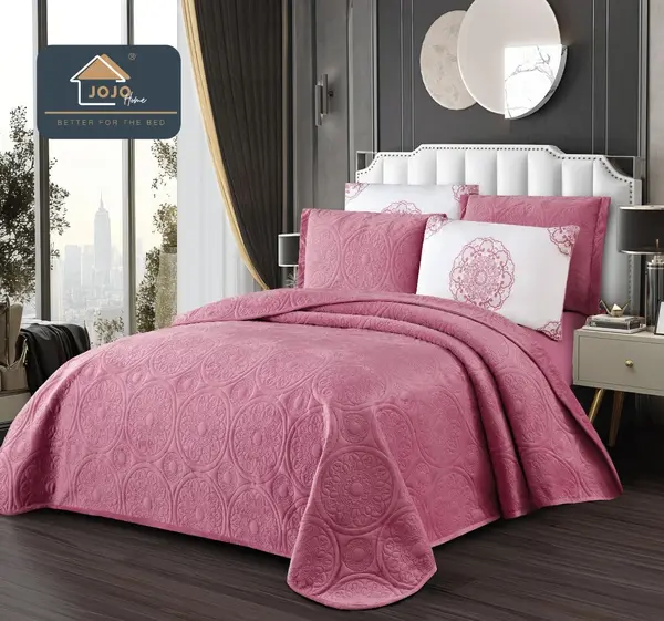 Cuvertura pat dublu, 5 piese, Finet Premium Matlasat, 220x240cm, Jojo Home, Roz