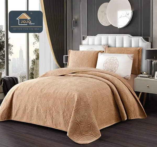 Cuvertura pat dublu, 5 piese, Finet Premium Matlasat, 220x240cm, Jojo Home, Bej