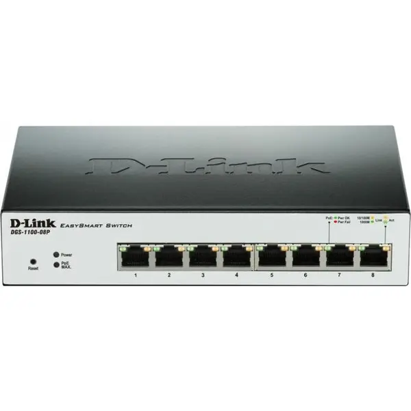 D-Link D-Link, Switch Desktop / Rack mount 8 porturi 10/100/1000, EasySmart, Web Management, Fanless, PoE,