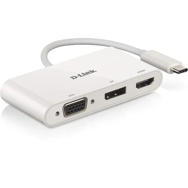D-Link HUB extern D-Link 3 in 1, porturi VGA, Display Port, HDMI, conectare prin USB Type C, cablu 110 mm