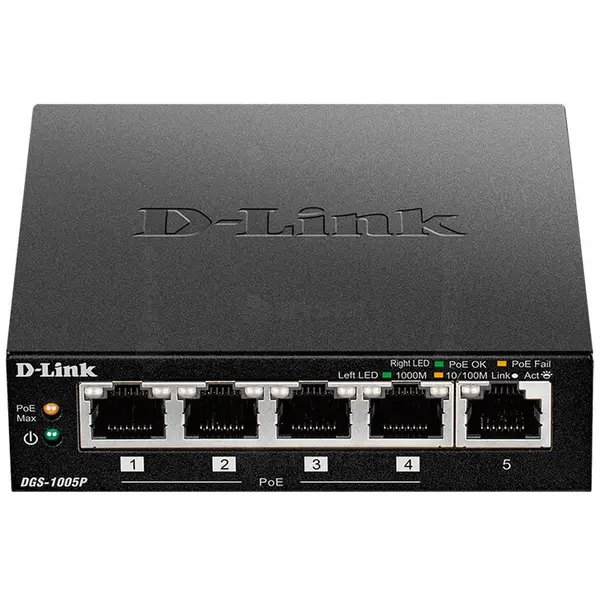 D-Link Switch cu 5 porturi D-Link DGS-1005P, 10 Gbps, 7.44 Mpps, 2.000 MAC, PoE, fara management
