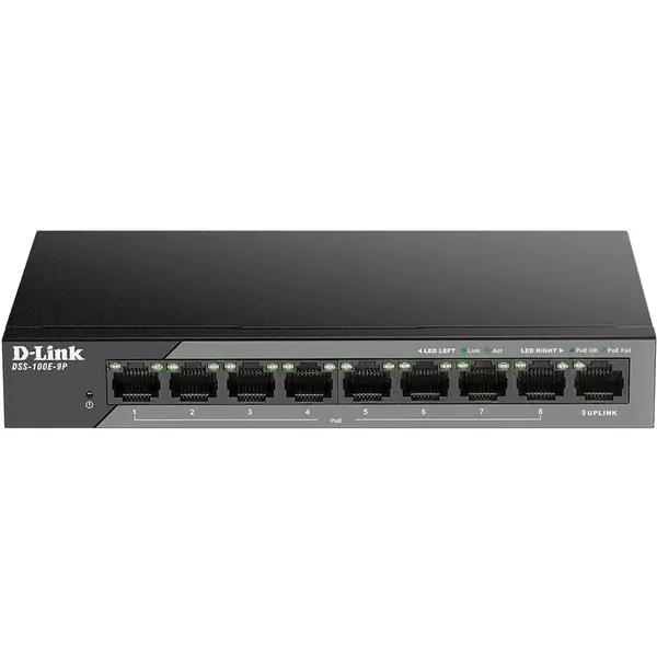 D-Link Switch PoE D-LINK Unmanaged DSS-100E-9P 8 porturi 10/100Mbps si 1 x Gigabit Uplink, 8 PoE, carcasa metalica