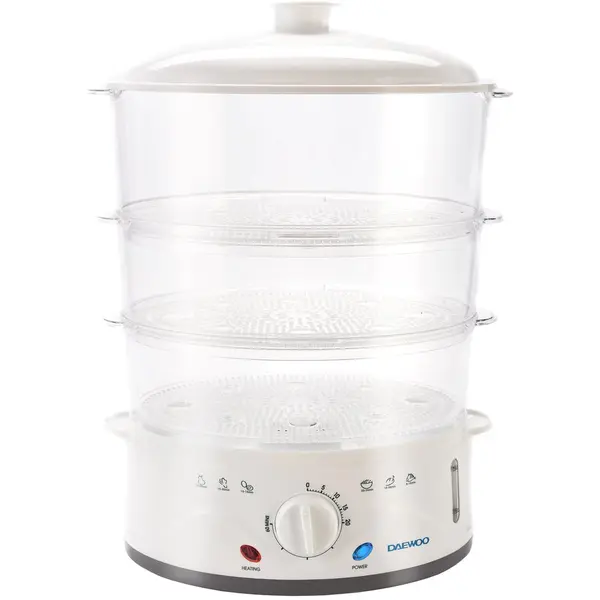 Daewoo Aparat de gatit cu aburi Daewoo DFS900W, 900 W, 3 cosuri, 8.5 l, Timer 60 min, Design ergonomic, Alb