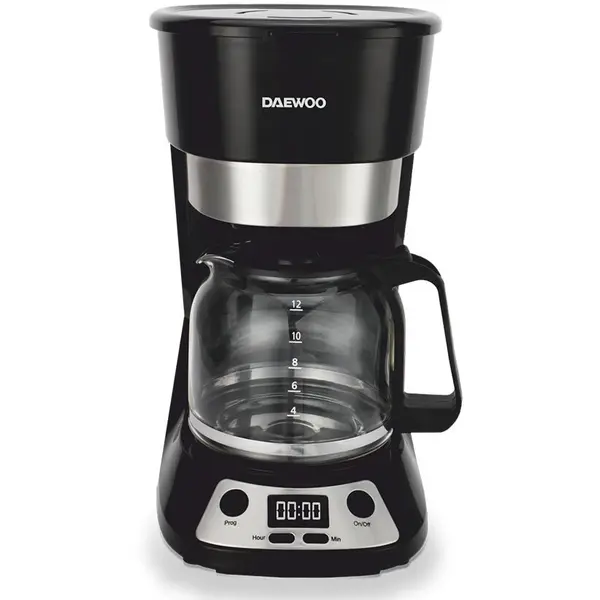 Daewoo Cafetiera Daewoo DCM90BX, 900 W, capacitate 1.5 litri, display LCD, filtru permanent, anti-picurare, timer, functie pornire automata, mentinere cald 40 min, Negru/Inox