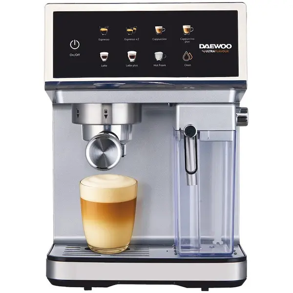 Daewoo Espressor Manual Daewoo DCMM1350, 1350 W, pompa ULKA 20 Bari, rezervor apa 1.6L, recipient lapte 500 ml detasabil, functii: espresso, cappuccino, latte, spuma, pre-infuzare, curatare, sistem precis de control al temperaturii PID