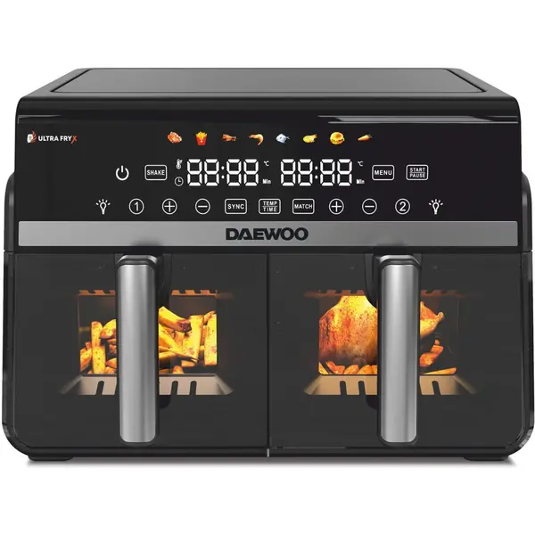 Daewoo Friteuza dubla cu aer cald Daewoo DAF2X1100LRB, 2x1100 W, display LCD, capacitate 10 L( 5+ 5), functionare max. 120 minute, 8 programe predefinite, temperatura reglabila 80-200 grade, Negru