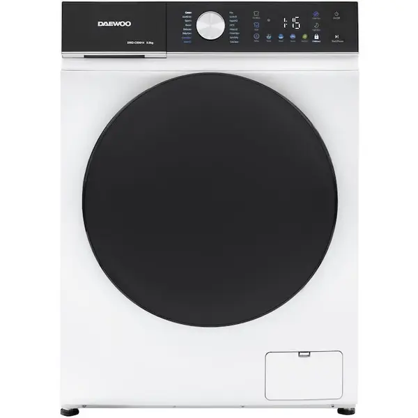 Daewoo Masina de spalat rufe Daewoo, 9 kg, motor inverter, 1400 rpm, clasa A, 16 programe, butoane touch, panou de control negru cu pictograme colorate, usa dubla neagra (PC Cover), culoare Alb